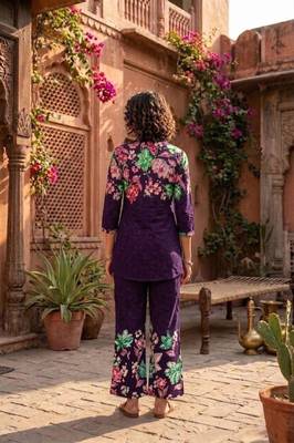 Purple designer festive cotton co-ord set for women 2