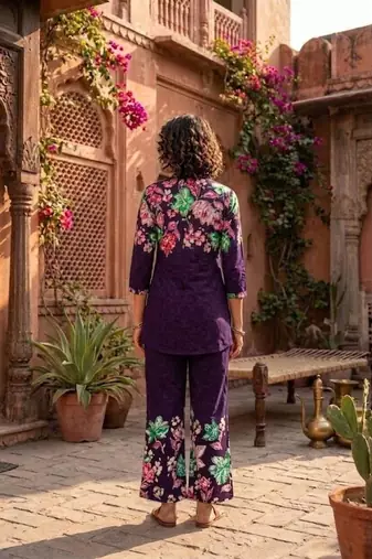 Purple designer festive cotton co-ord set for women