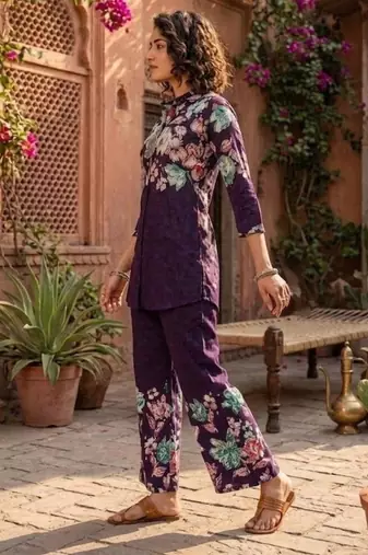 Purple designer festive cotton co-ord set for women