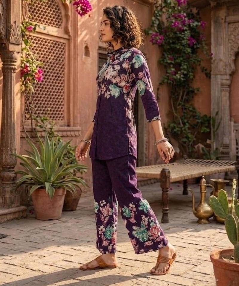 Purple designer festive cotton co-ord set for women