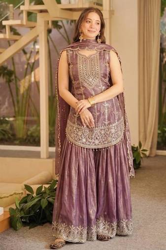 Purple sequin Embroidery Work Silk Blend Salwar Suit 