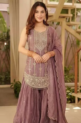 Purple Color  Sequence Embroidery Work Silk Blend Salwar Suit 