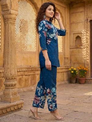 Blue designer festive cotton co-ord set for women 3