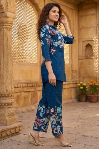 Blue designer festive cotton co-ord set for women