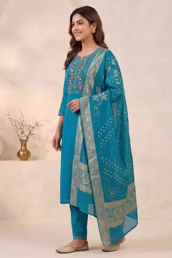 Firozi viscose mango silk kurti pant set with jacquard dupatta