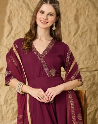 Women Ethnic Motifs Embroidered Angrakha Kurta with Palazzos & With Dupatta 3