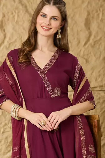 Women Ethnic Motifs Embroidered Angrakha Kurta with Palazzos & With Dupatta