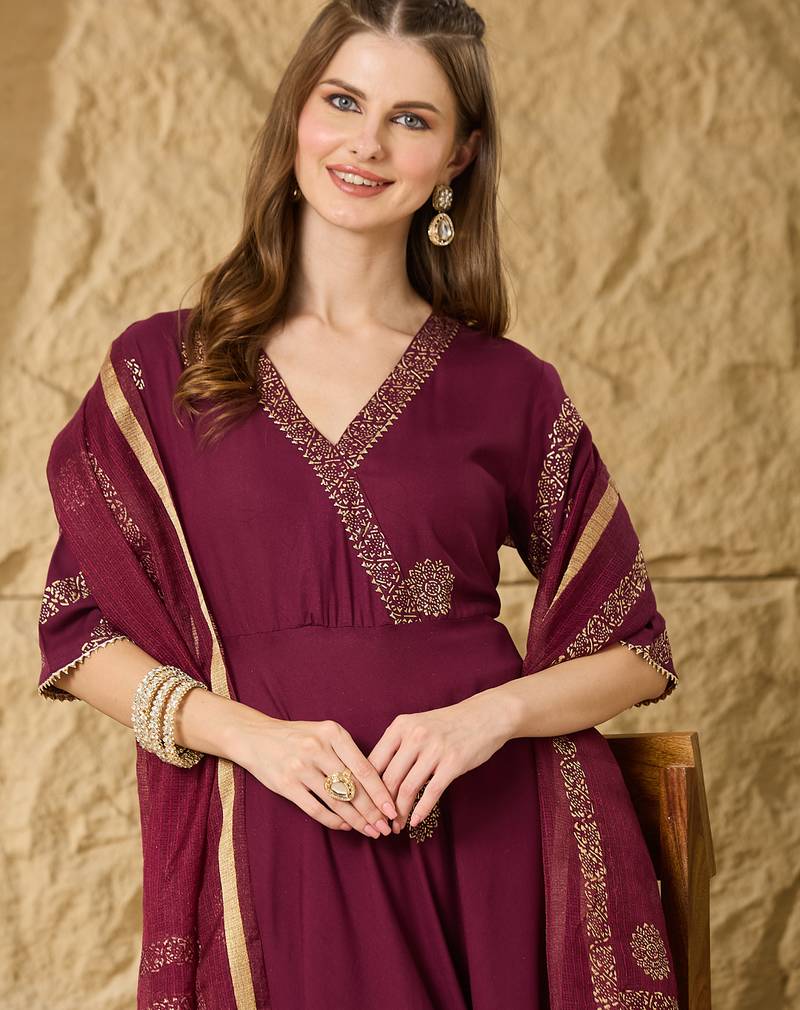 Women Ethnic Motifs Embroidered Angrakha Kurta with Palazzos & With Dupatta