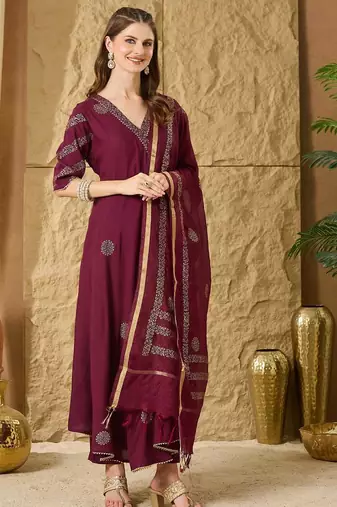 Women Ethnic Motifs Embroidered Angrakha Kurta with Palazzos & With Dupatta
