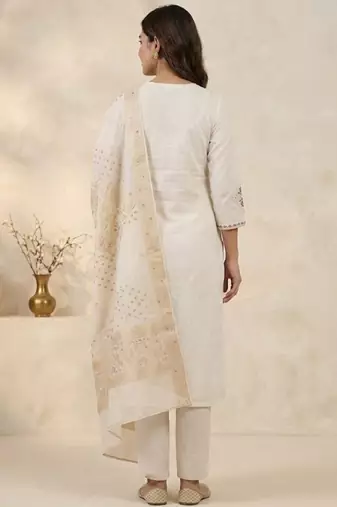 White viscose mango silk kurti pant set with jacquard dupatta