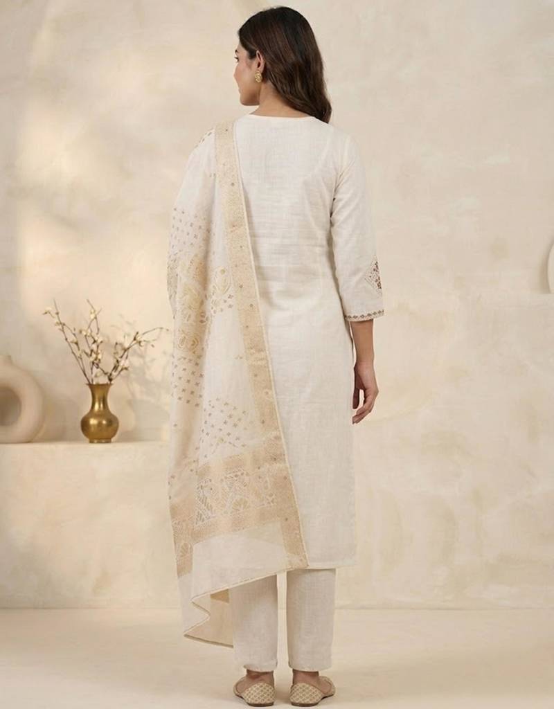 White viscose mango silk kurti pant set with jacquard dupatta