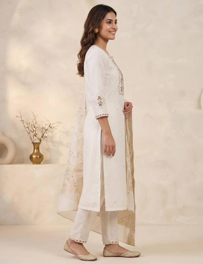 White viscose mango silk kurti pant set with jacquard dupatta