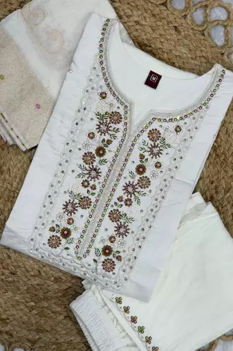 White viscose mango silk kurti pant set with jacquard dupatta
