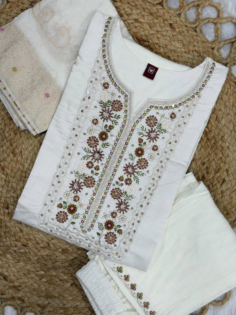 White viscose mango silk kurti pant set with jacquard dupatta