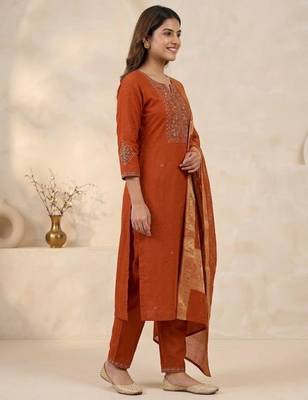 Orange viscose mango silk kurti pant set with jacquard dupatta 2