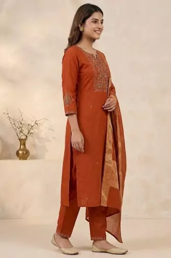 Orange viscose mango silk kurti pant set with jacquard dupatta