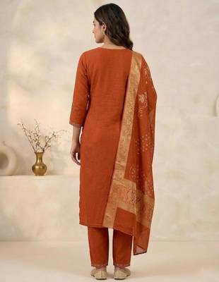 Orange viscose mango silk kurti pant set with jacquard dupatta 3