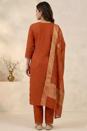 Orange viscose mango silk kurti pant set with jacquard dupatta