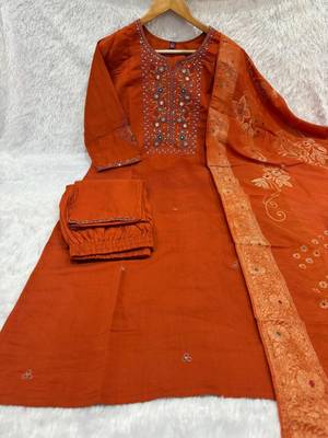 Orange viscose mango silk kurti pant set with jacquard dupatta 4