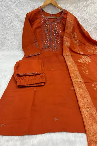 Orange viscose mango silk kurti pant set with jacquard dupatta