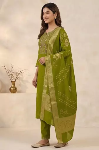 Green viscose mango silk kurti pant set with jacquard dupatta