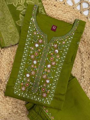 Green viscose mango silk kurti pant set with jacquard dupatta 3