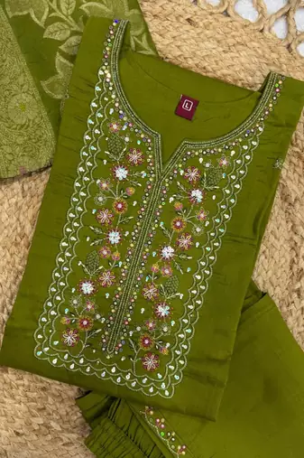 Green viscose mango silk kurti pant set with jacquard dupatta