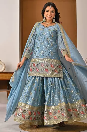 Grey Color Sequence Embroidery Work Silk Blend Salwar Suit