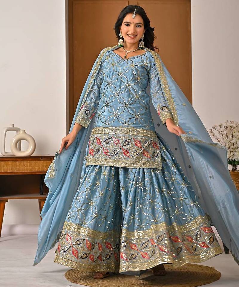 Grey Color Sequence Embroidery Work Silk Blend Salwar Suit