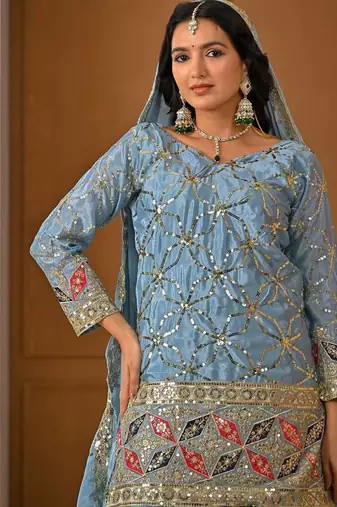 Grey Color Sequence Embroidery Work Silk Blend Salwar Suit