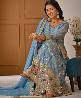 Grey Color Sequence Embroidery Work Silk Blend Salwar Suit 3