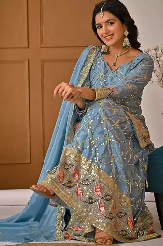 Grey Color Sequence Embroidery Work Silk Blend Salwar Suit