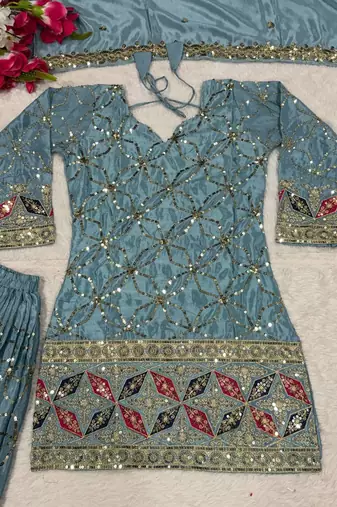 Grey Color Sequence Embroidery Work Silk Blend Salwar Suit