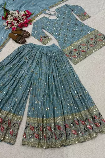 Grey Color Sequence Embroidery Work Silk Blend Salwar Suit