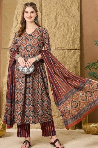 Women Ethnic Motifs Printed Empire  Cotton Kurta with Trouser & With Dupatta