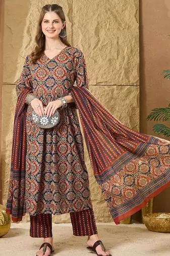 Women Ethnic Motifs Printed Empire  Cotton Kurta with Trouser & With Dupatta