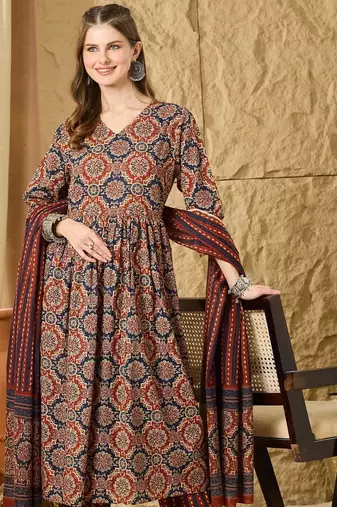 Women Ethnic Motifs Printed Empire  Cotton Kurta with Trouser & With Dupatta