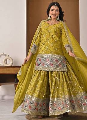Yellow Color Sequence Embroidery Work Silk Blend Salwar Suit 1
