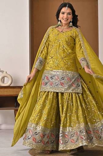 Yellow Color Sequence Embroidery Work Silk Blend Salwar Suit