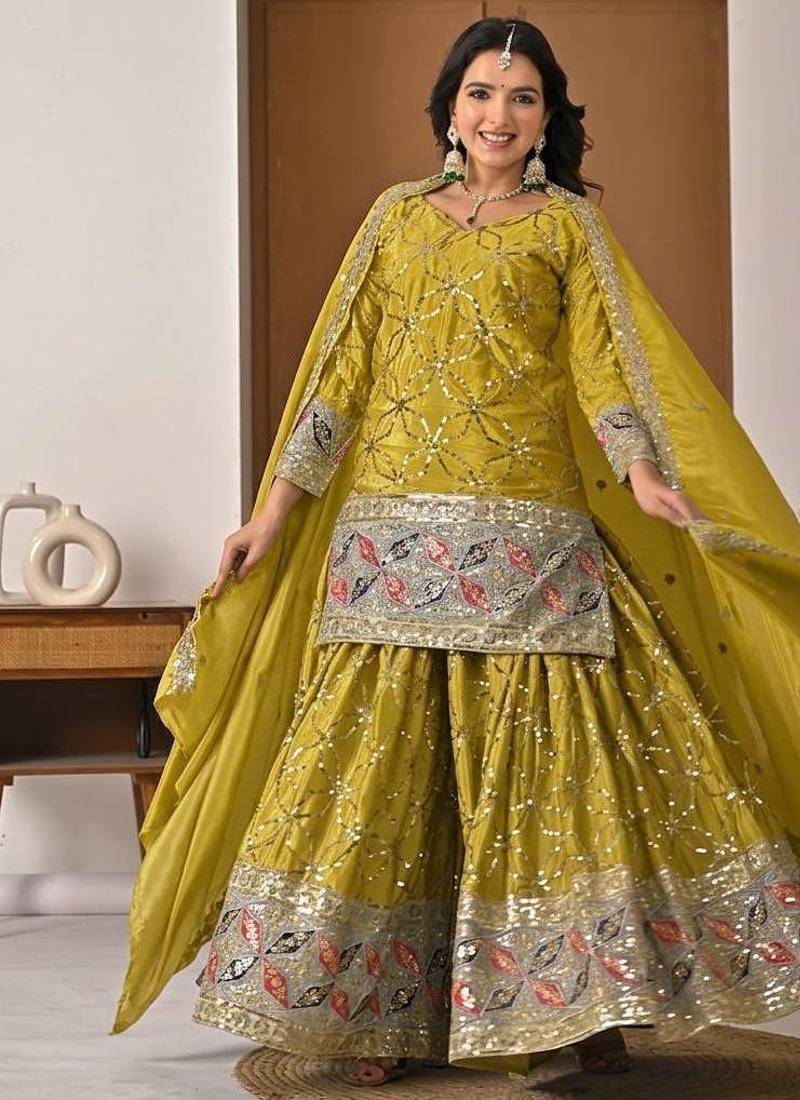 Yellow Color Sequence Embroidery Work Silk Blend Salwar Suit