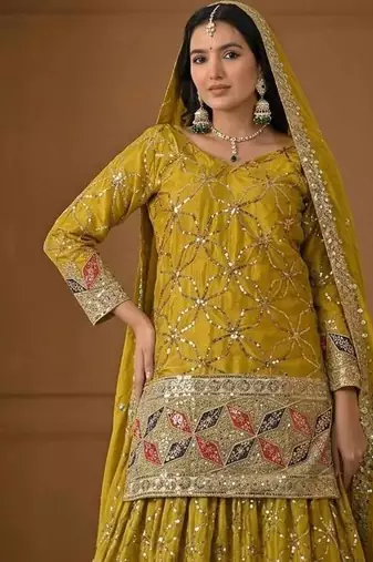 Yellow Color Sequence Embroidery Work Silk Blend Salwar Suit