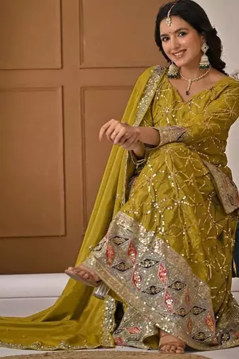 Yellow Color Sequence Embroidery Work Silk Blend Salwar Suit