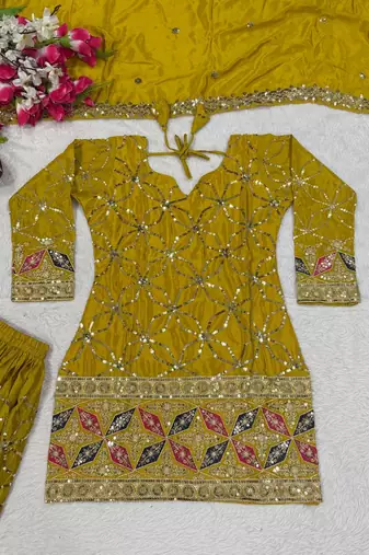Yellow Color Sequence Embroidery Work Silk Blend Salwar Suit
