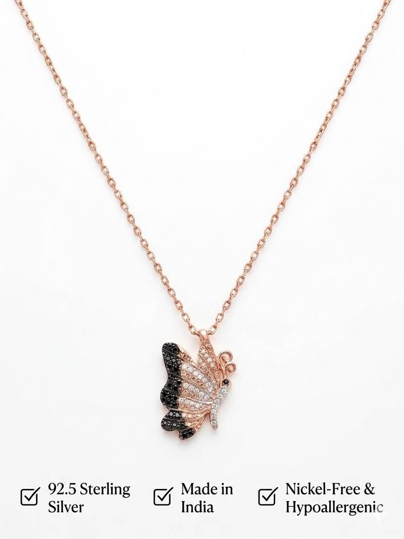 925 Sterling Silver Rose Gold CZ Diamond Butterfly Pendant Necklace Set for Women