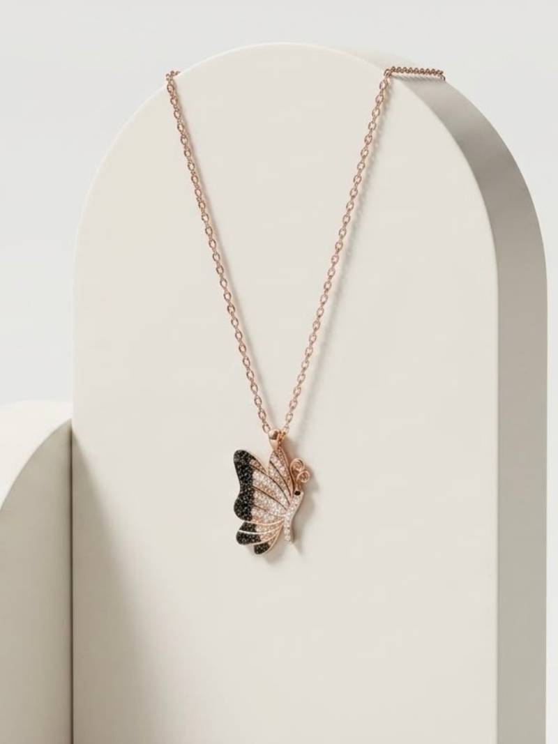925 Sterling Silver Rose Gold CZ Diamond Butterfly Pendant Necklace Set for Women