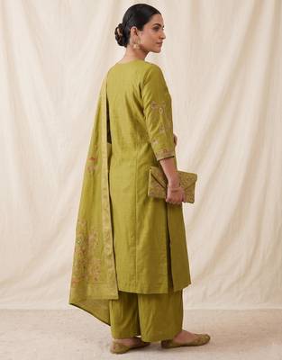 Embroidered green mango silk kurti, plazo & dupatta set 2