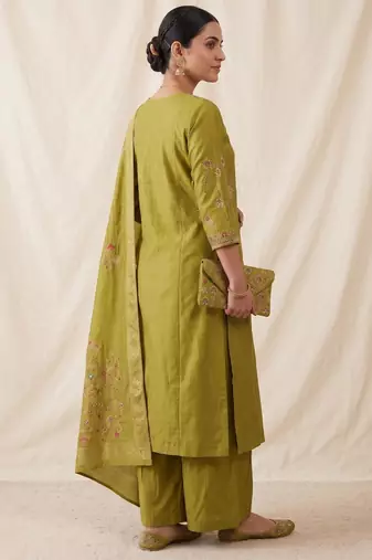 Embroidered green mango silk kurti, plazo & dupatta set