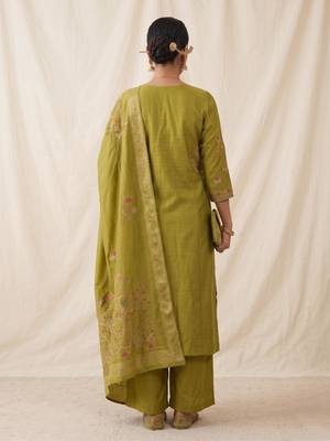Embroidered green mango silk kurti, plazo & dupatta set 3