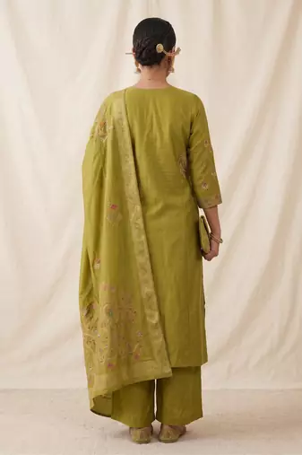 Embroidered green mango silk kurti, plazo & dupatta set
