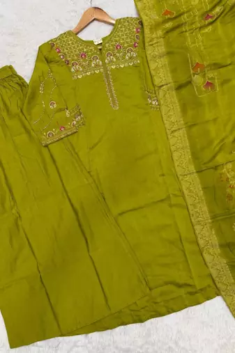 Embroidered green mango silk kurti, plazo & dupatta set